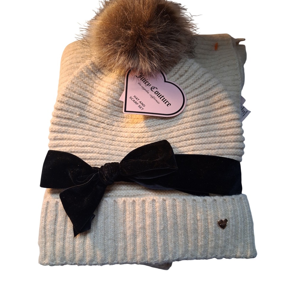 Juicy Couture Cream Ribbed Knit Beanie Hat and Scarf Set with Faux Fur Pom Pom